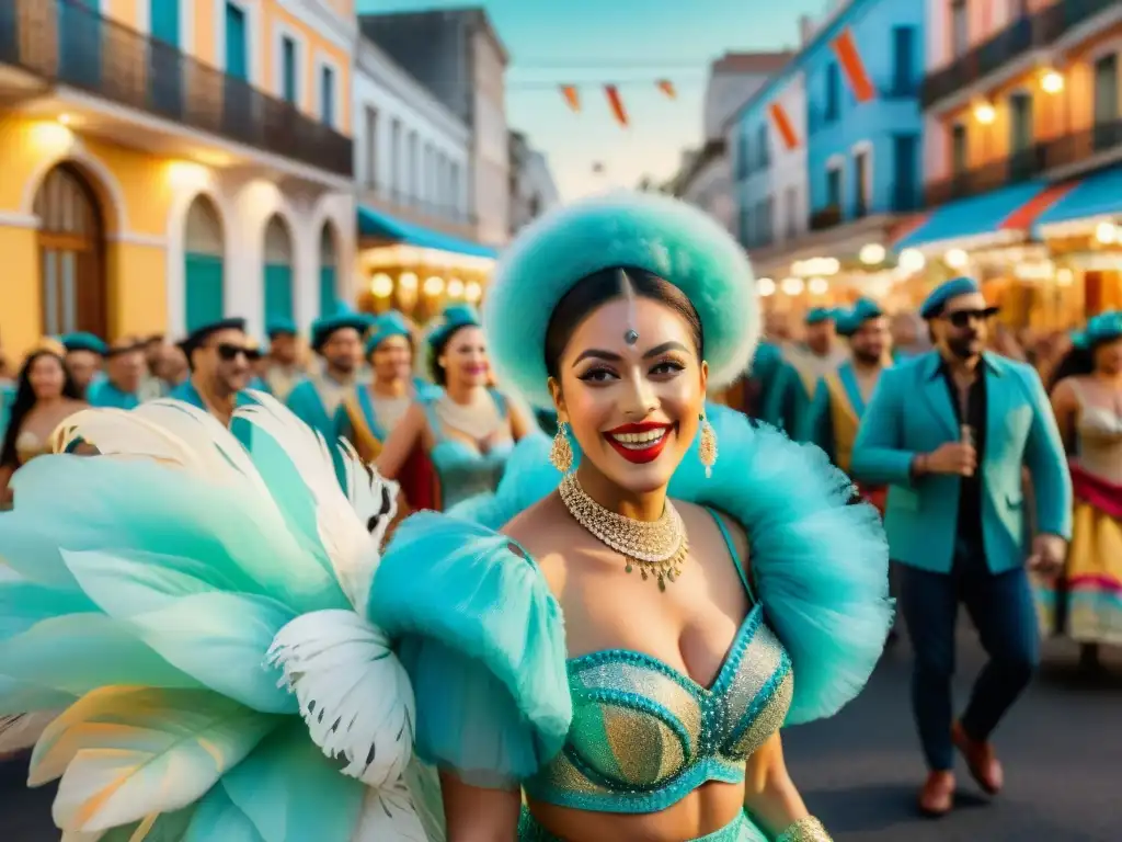 Un vibrante desfile de carnaval en Uruguay, con coloridos trajes y música tradicional