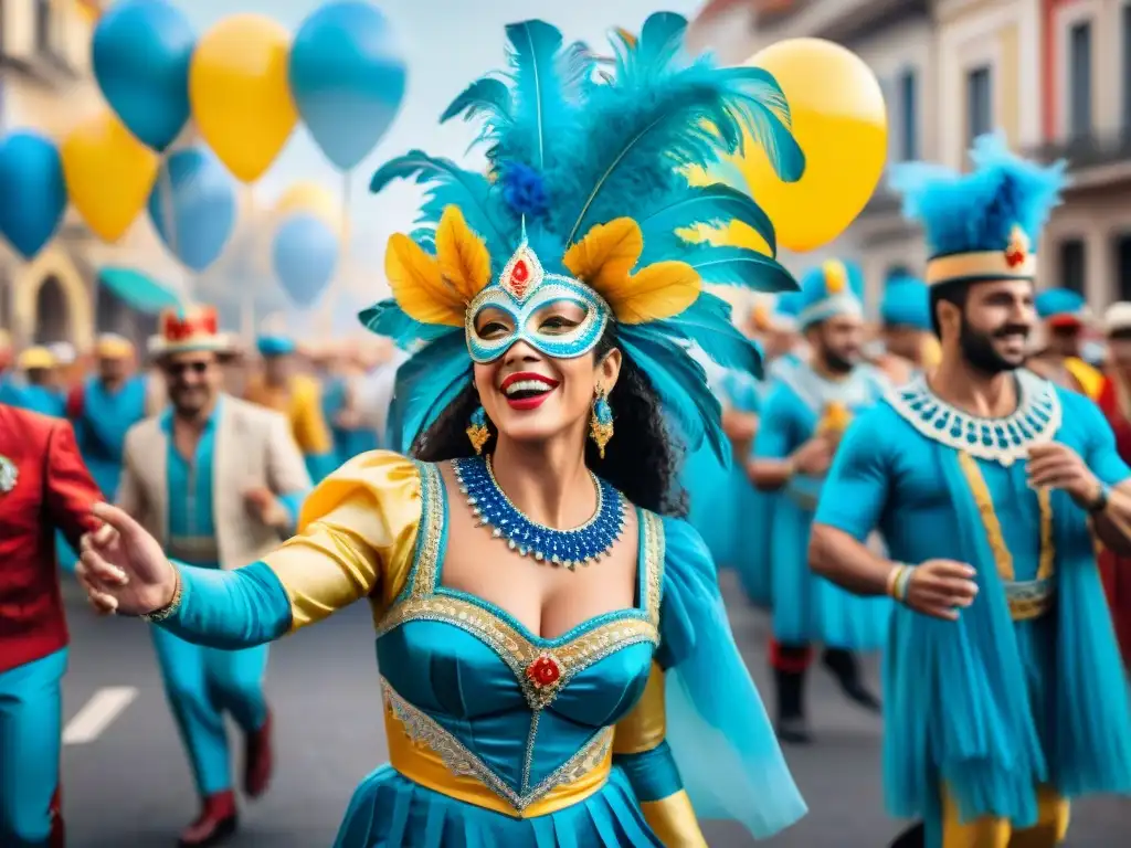 Un vibrante desfile de Carnaval en Uruguay, con niños en coloridos trajes bailando alegremente al ritmo de la música tradicional