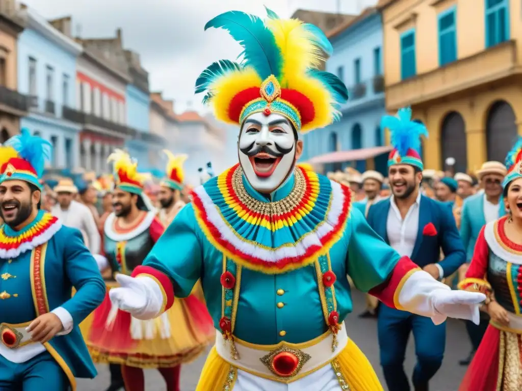 Vibrante desfile de Carnaval en Uruguay, con coloridos disfraces y música tradicional