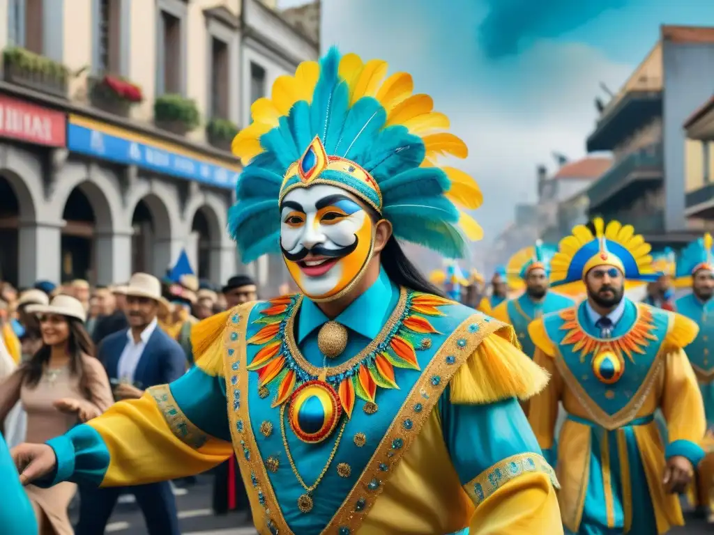 Un vibrante desfile de carnaval en Uruguay, con coloridos atuendos y espectadores animados