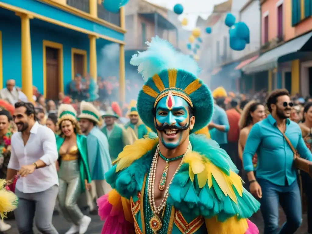 Vibrante desfile de Carnaval en Uruguay: coloridos carros alegóricos, bailarines y músicos en trajes elaborados, y espectadores animados disfrutando