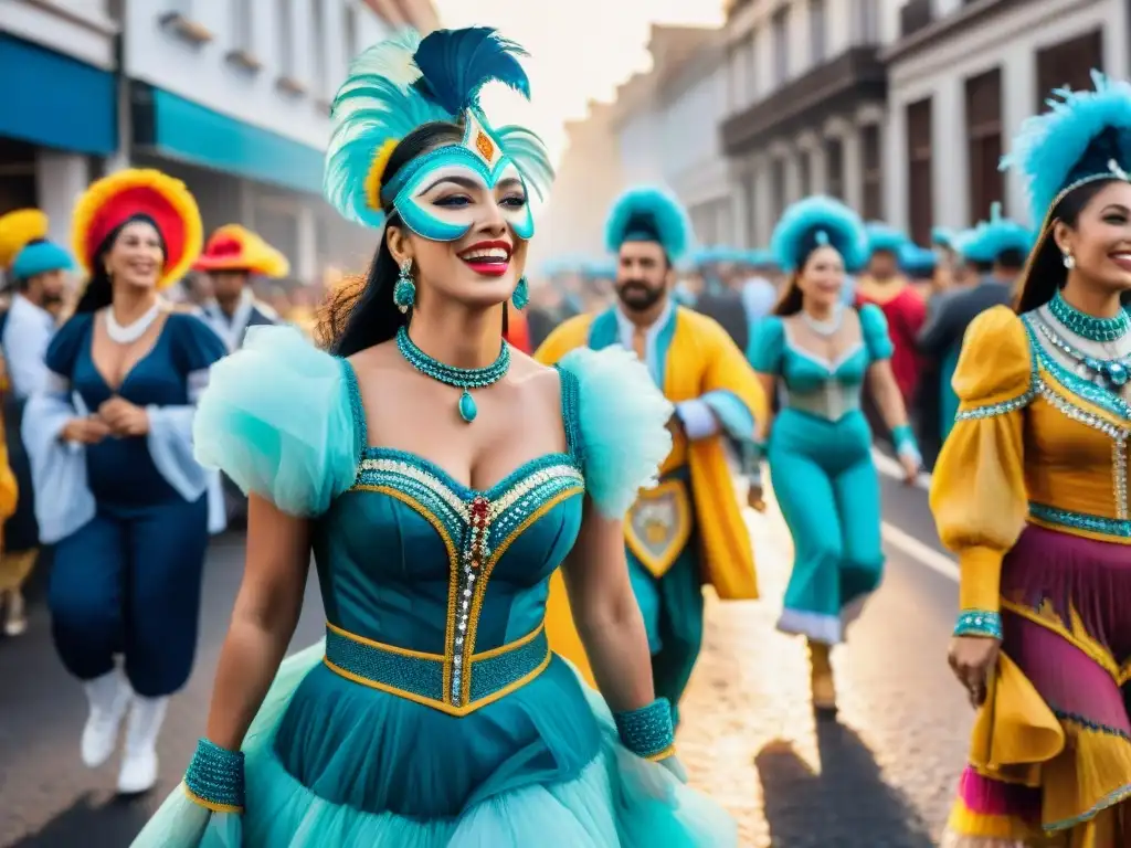 Un vibrante desfile de Carnaval en Uruguay con coloridos trajes y bailarines energéticos, una multitud animada y alegre