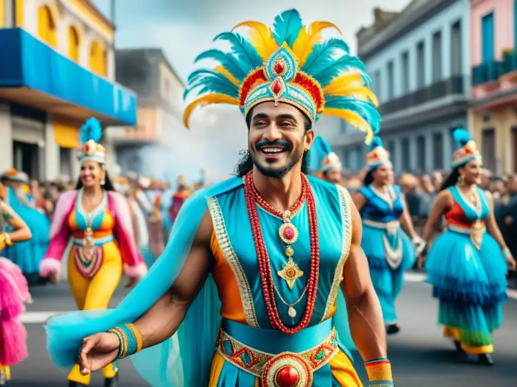 Vibrante desfile de Carnaval en Uruguay, con coloridos trajes y música tradicional