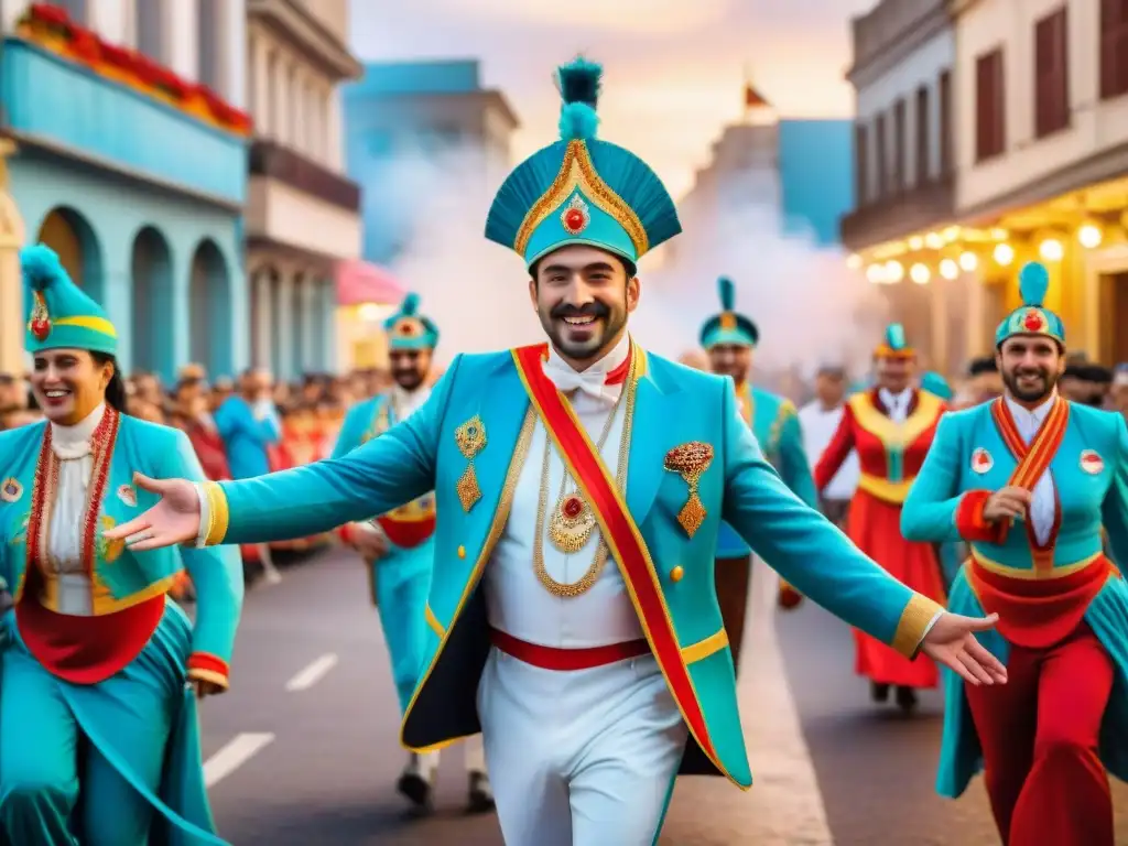 Un vibrante desfile de carnaval en Uruguay con coloridos trajes y entusiastas bailarines