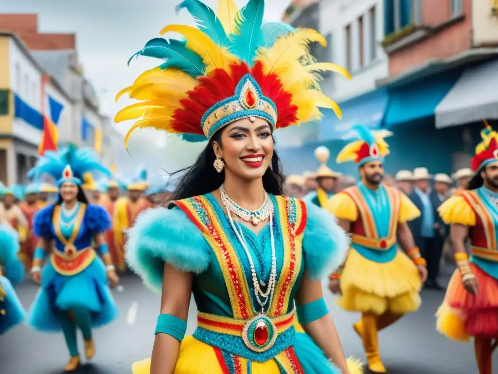 Un vibrante desfile de Carnaval en Uruguay, con coloridos trajes, músicos y espectadores emocionados