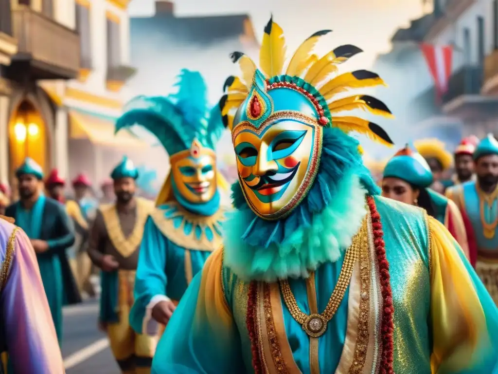 Un vibrante desfile de Carnaval en Uruguay, con coloridos trajes y música alegre