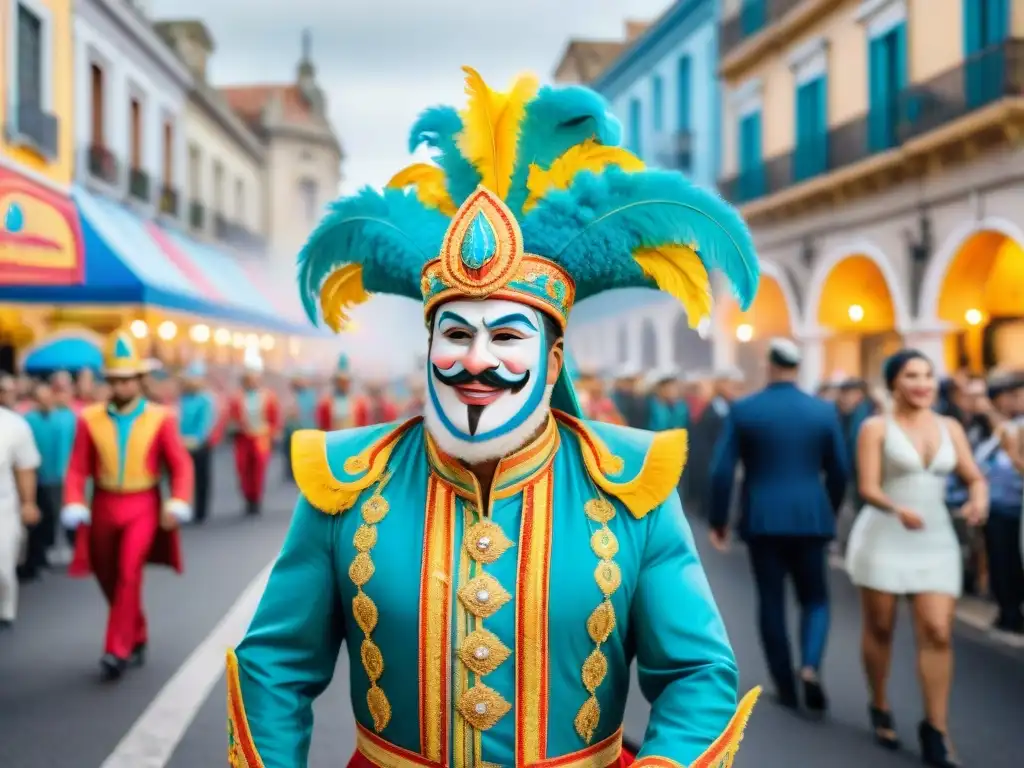 Vibrante desfile de carnaval en Uruguay con coloridos carros alegóricos, bailarines y músicos