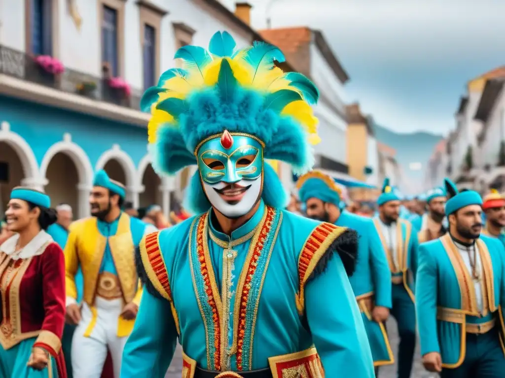 Un vibrante desfile de Carnaval en Uruguay con coloridos trajes tradicionales, máscaras elaboradas y música animada llena las calles