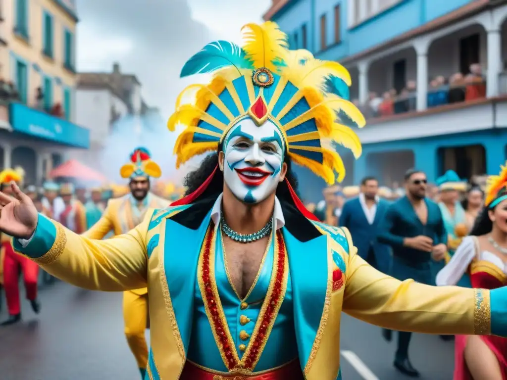 Un vibrante desfile de carnaval en Uruguay con coloridos carros alegóricos, bailarines con trajes elaborados y multitudes alegres