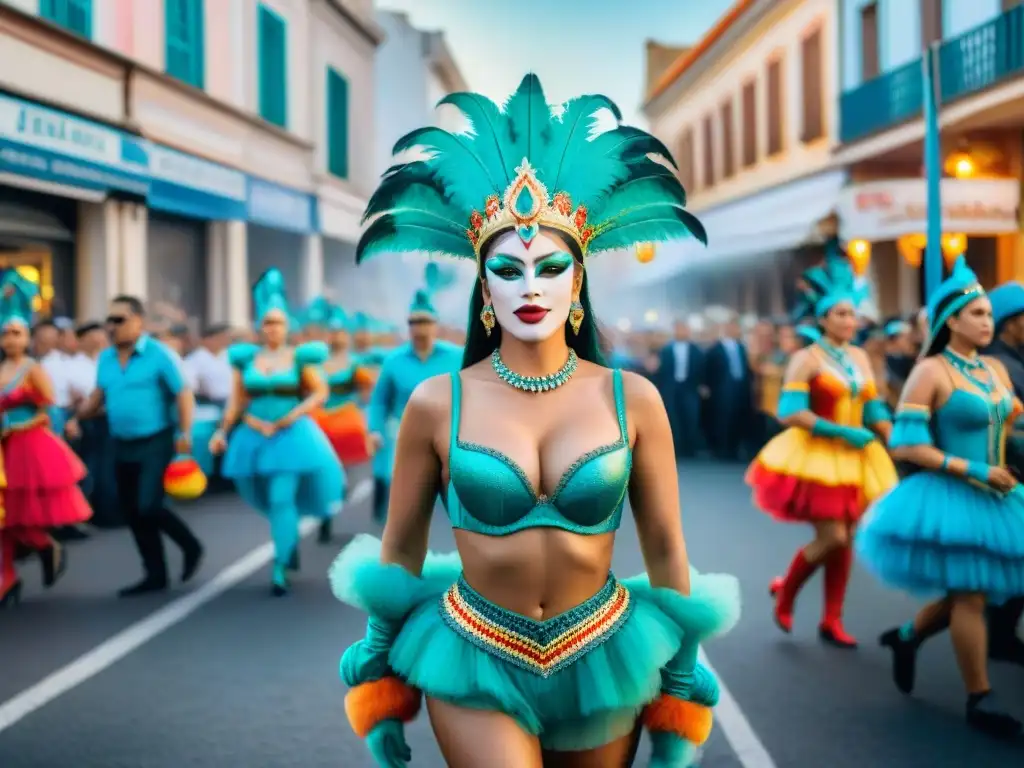 Un vibrante desfile de Carnaval en Uruguay: coloridos carros alegóricos, bailarines y una multitud animada, reflejando la riqueza cultural y la alegría del evento