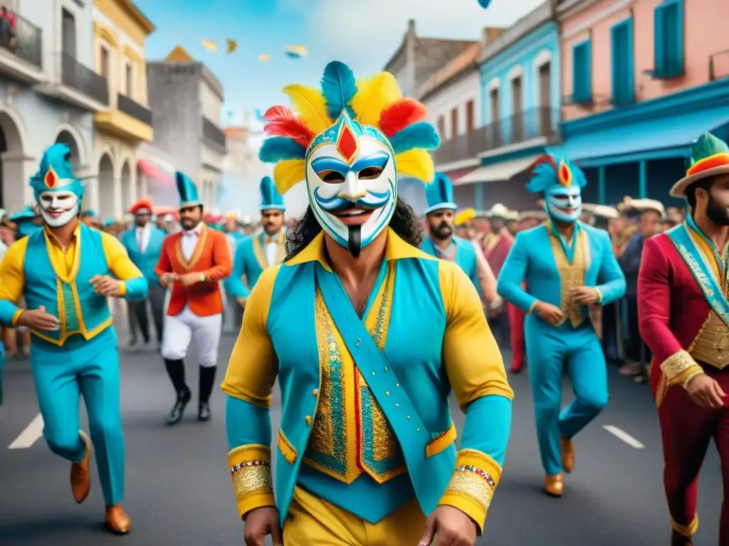 Vibrante desfile de Carnaval en Uruguay con coloridos trajes y mascaras