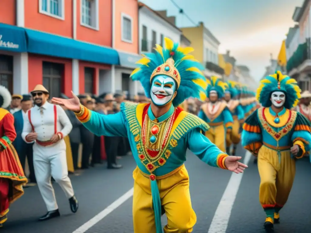 Un vibrante desfile de Carnaval en Uruguay, con coloridos trajes y música tradicional, capturando la alegría y celebración