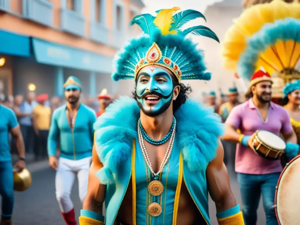 Un vibrante desfile de Carnaval en Uruguay con coloridos trajes y músicos tocando tambores y panderos, rodeados de una multitud alegre