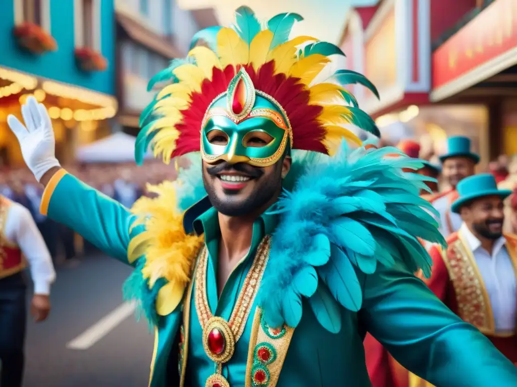 Un vibrante desfile de carnaval con coloridos trajes y música alegre