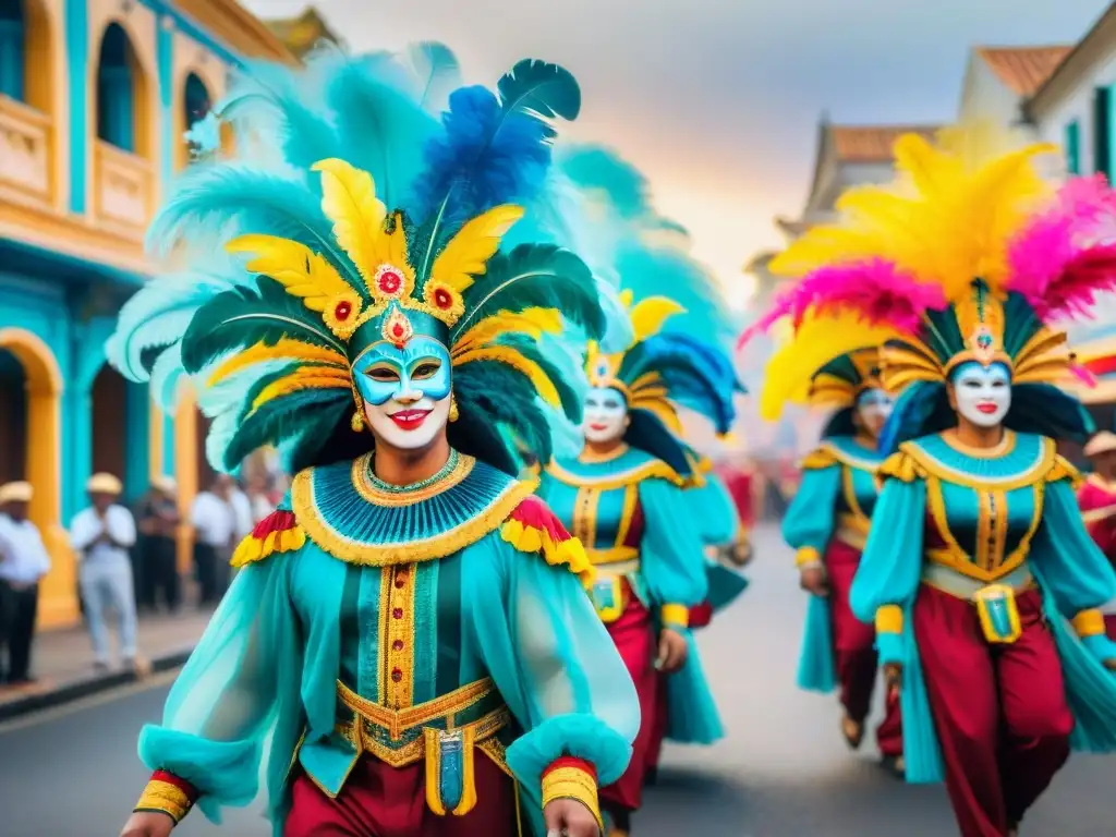 Vibrante desfile de Carnaval, con coloridos trajes y máscaras, danzas alegres y música tradicional