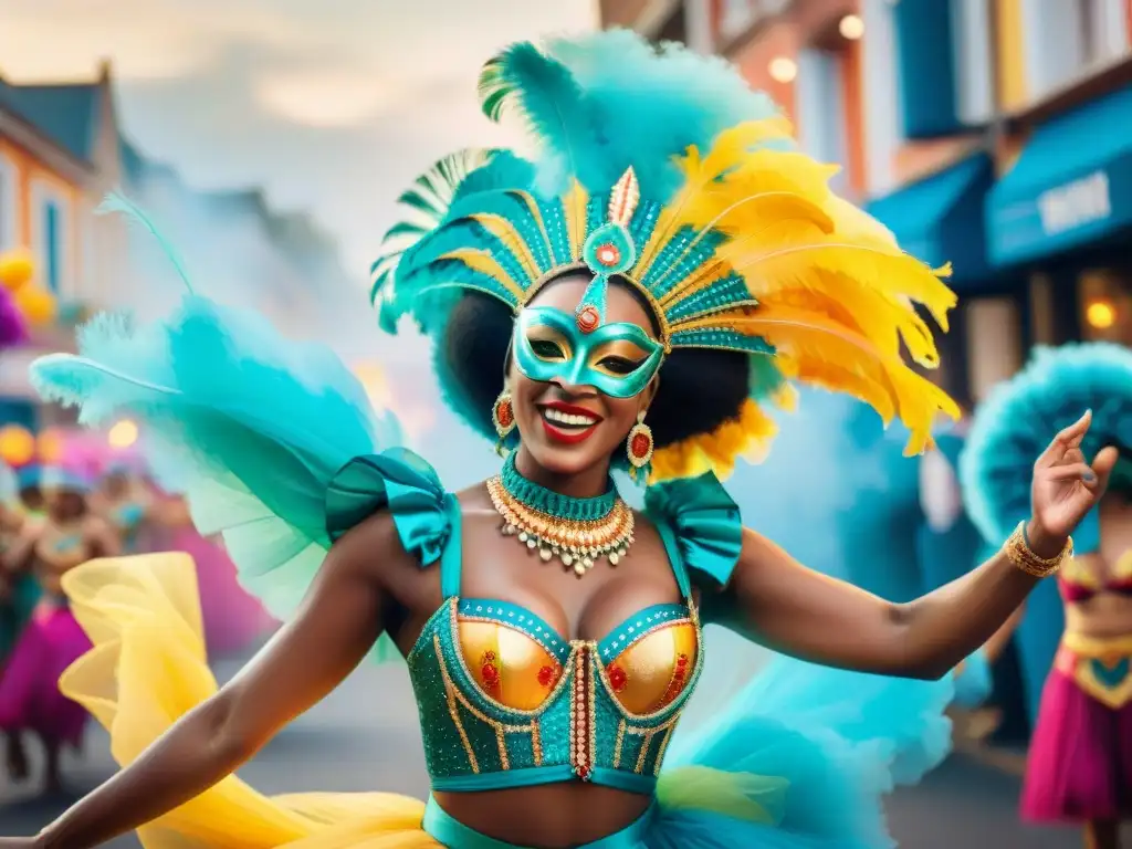 Vibrante desfile de Carnaval con coloridos trajes y máscaras, danzantes alegres y espectadores animados