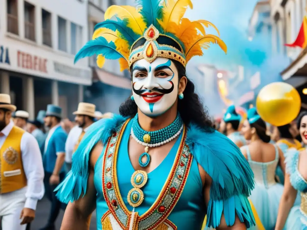 Un vibrante desfile de carnaval en Uruguay con coloridos carros alegóricos, bailarines y multitudes animadas