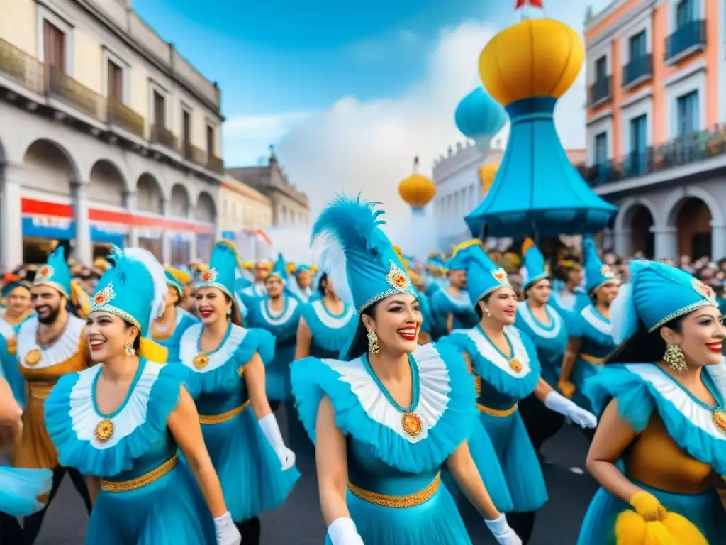 Un vibrante desfile de carnaval en Uruguay, con coloridos floats y danzarines, bajo un cielo azul