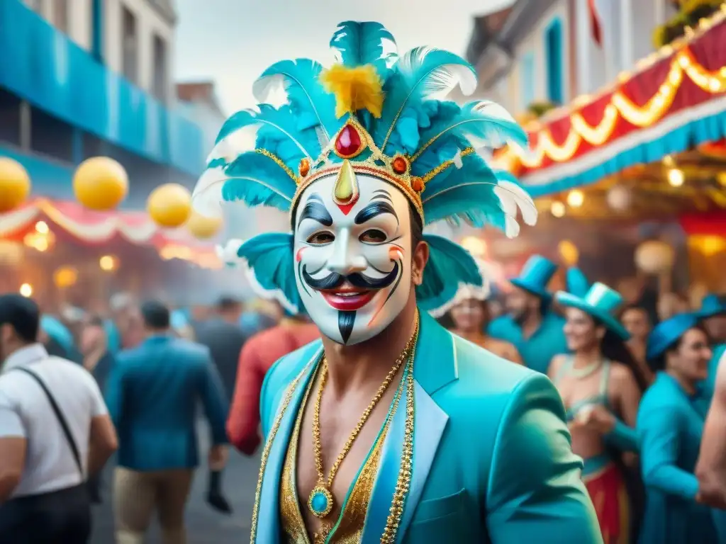 Un vibrante desfile del Carnaval en Uruguay con coloridos trajes y gente celebrando, ideal para 'Seguro de viaje para Carnaval Uruguayo'