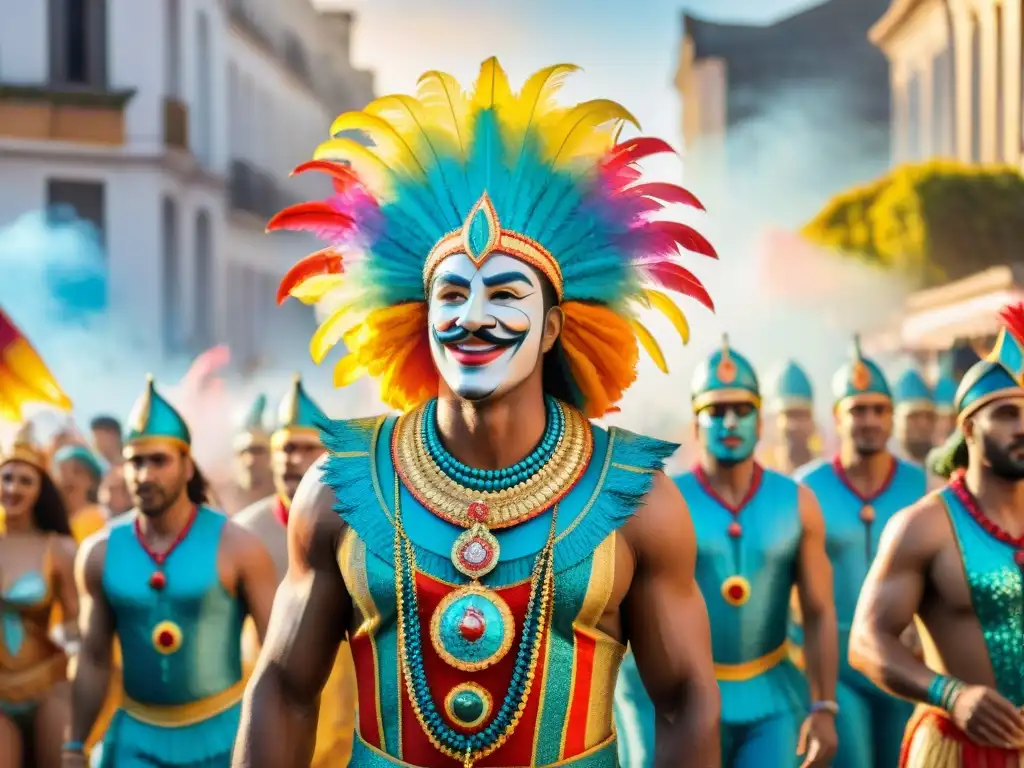 Un vibrante desfile de carnaval en Uruguay: coloridos carros alegóricos, bailarines con trajes elaborados y espectadores felices