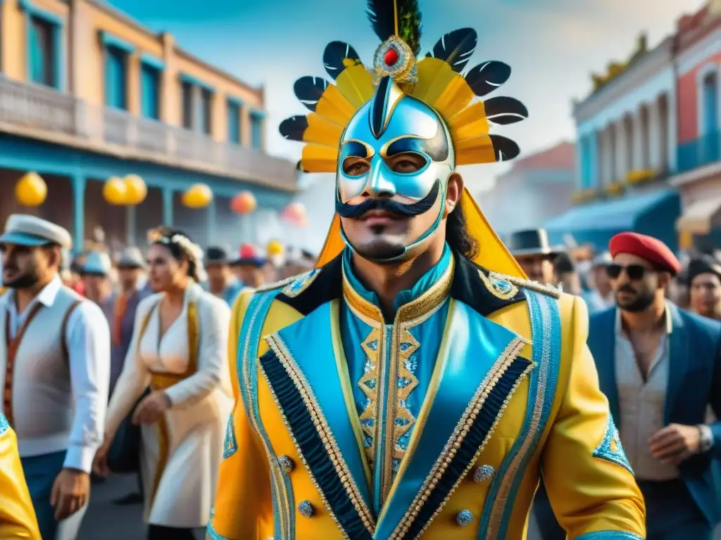 Un vibrante desfile de carnaval en Uruguay con coloridos carros alegóricos y danzantes, reflejando la transformación digital del Carnaval Uruguayo