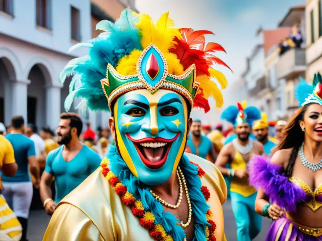 Un vibrante desfile de Carnaval en Uruguay con coloridos disfraces, máscaras e danzas