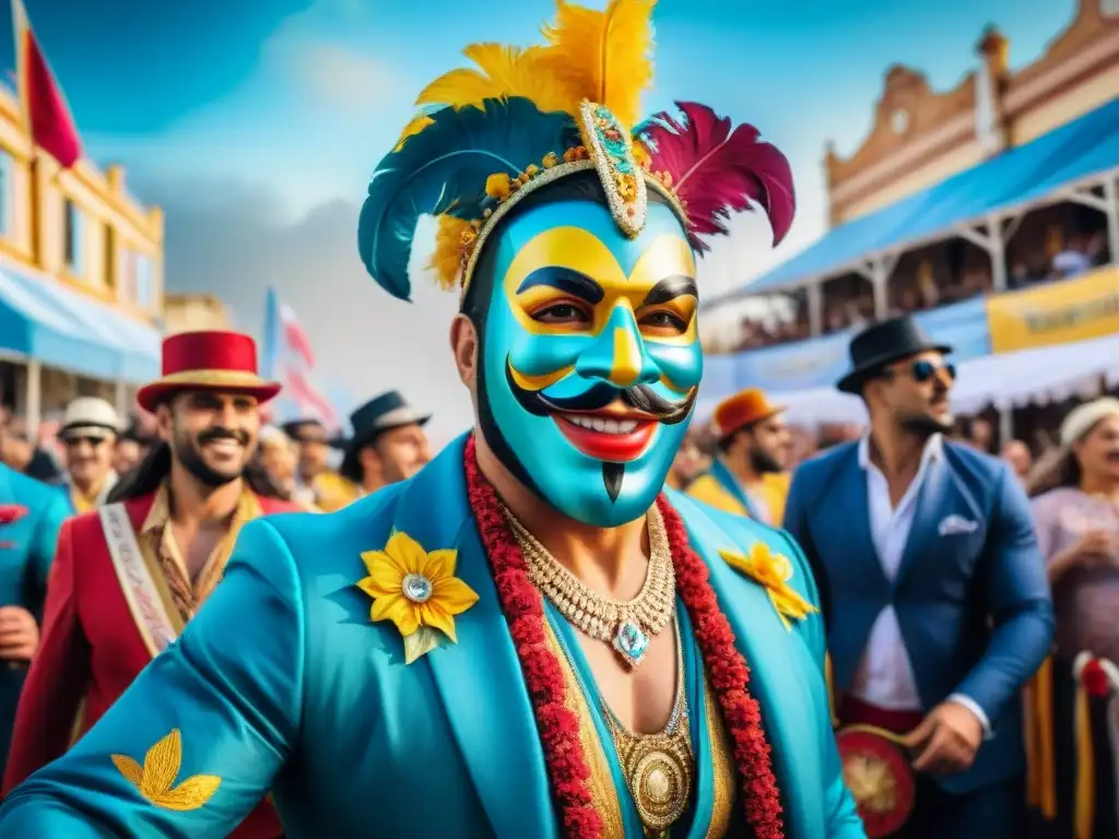 Un vibrante desfile de Carnaval en Uruguay, con coloridos carros alegóricos y danzantes en trajes extravagantes