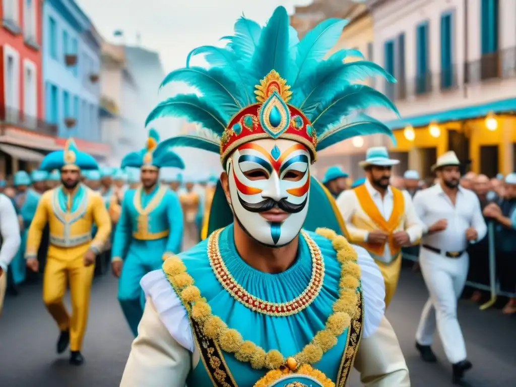 Un vibrante desfile de carnaval en Uruguay, con coloridos carros alegóricos, bailarines y espectadores, preservando la historia Carnaval Uruguayo