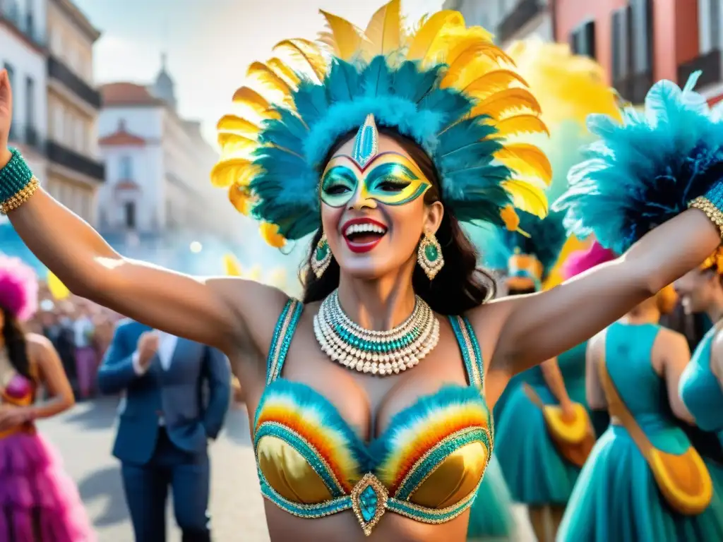 Un vibrante desfile de Carnaval en Uruguay, con coloridos trajes y música