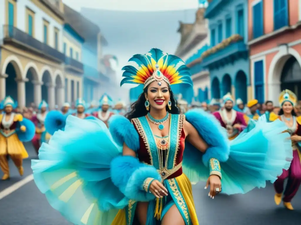 Un vibrante desfile de Carnaval en Uruguay, conectando a la comunidad con coloridos trajes y música alegre