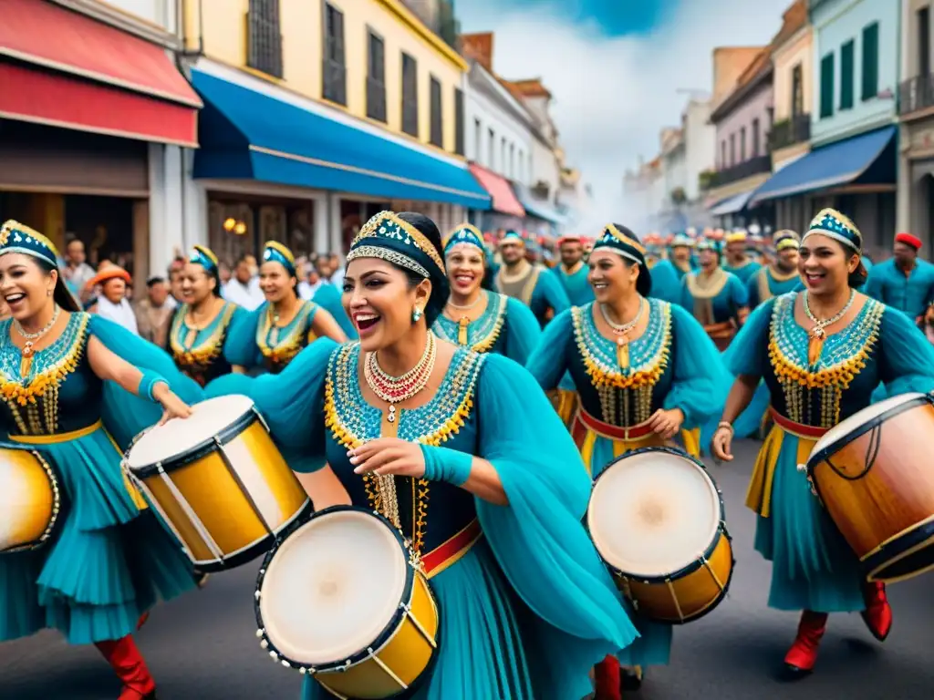 Vibrante desfile de Carnaval con conexiones entre Carnaval Uruguayo: murgas, comparsas y multitud alegre