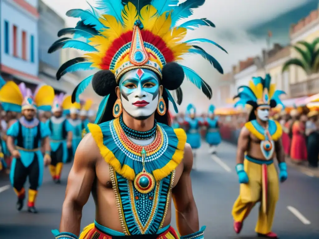 Un vibrante desfile de Carnaval en Uruguay, destacando la preservación de culturas indígenas con trajes y colores alegres