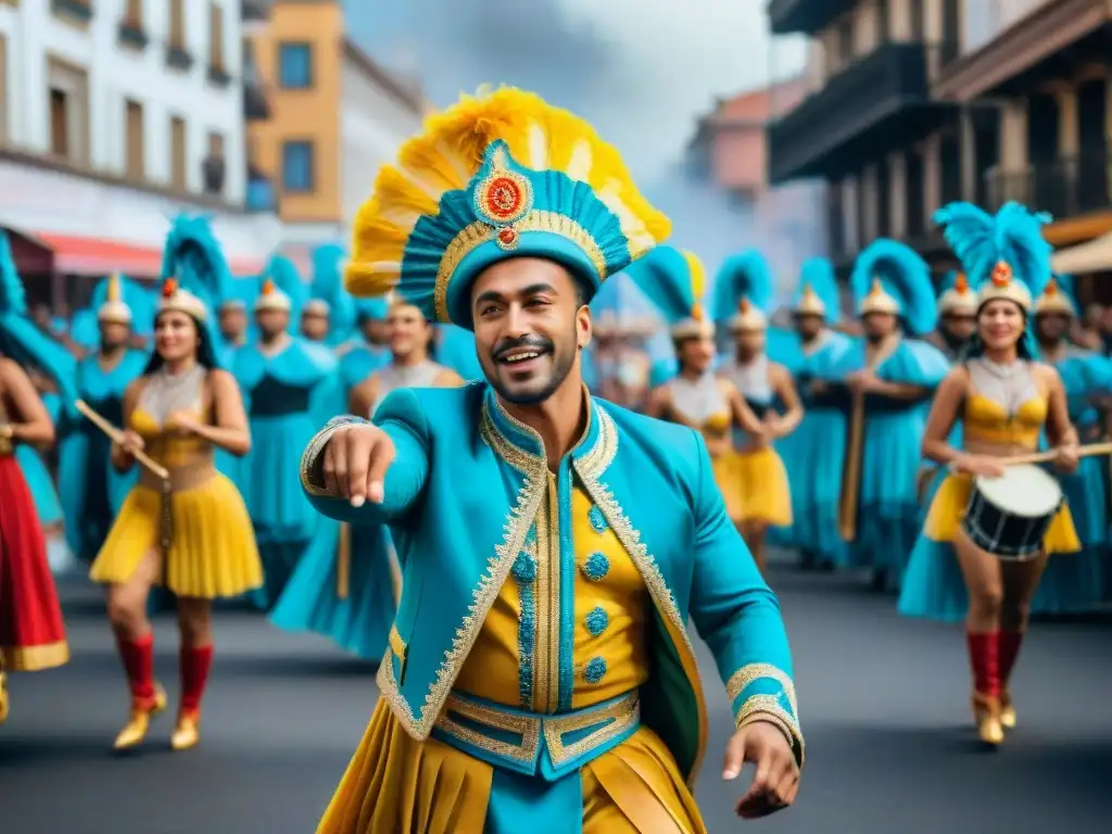 Deslumbrante desfile de Carnaval en Uruguay: danza, color y pasión Vibrante desfile de Carnaval en Uruguay con danzantes y banderas coloridas, reflejando la pasión de coreógrafos del Carnaval