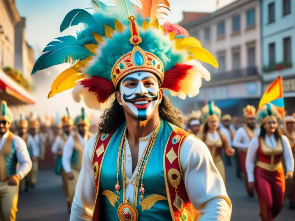 Vibrante desfile de Carnaval en Uruguay, con danzantes y carros adornados