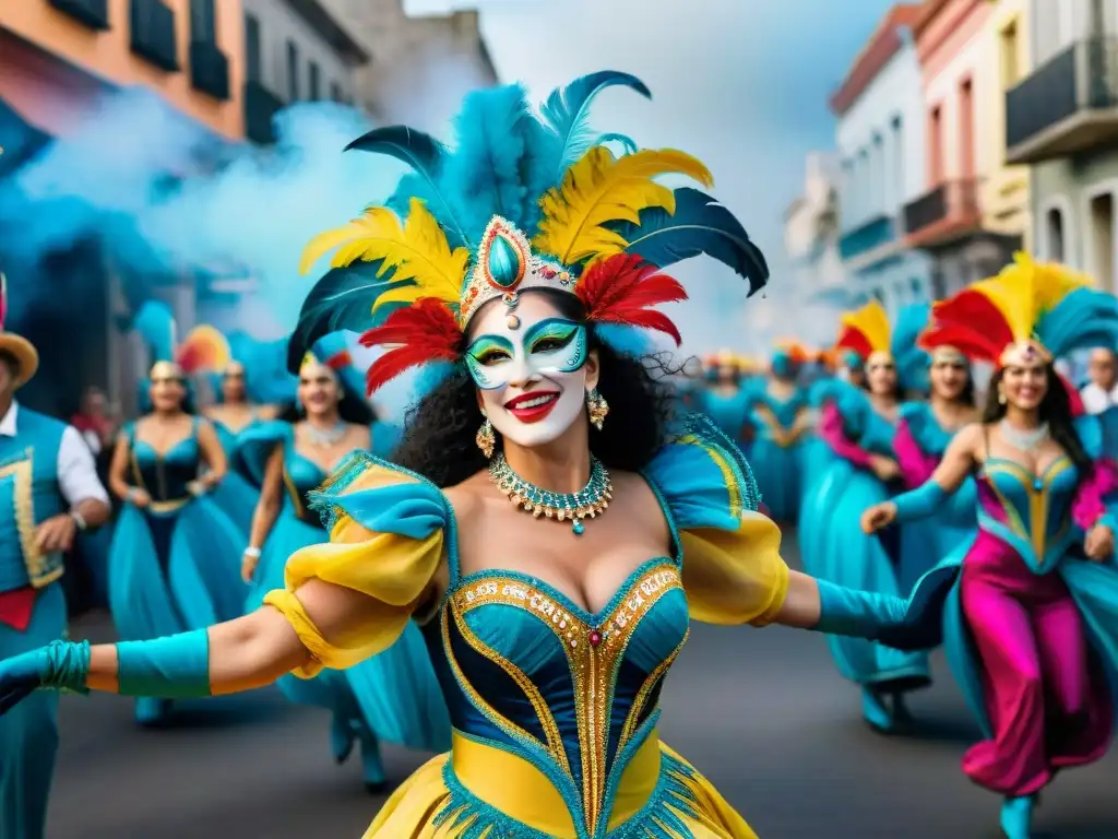 Un vibrante desfile de Carnaval en Uruguay con danzantes en trajes coloridos y detallados, reflejando la historia del vestuario en Uruguay