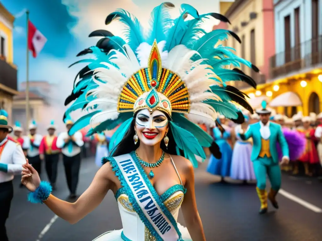 Vibrante desfile de Carnaval en Uruguay: danzarines coloridos frente a edificios coloniales en blanco y negro