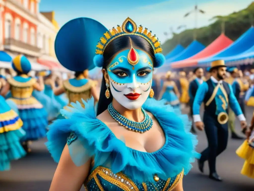 Vibrante desfile de carnaval en Uruguay con danzas coloridas y músicos alegres bajo un cielo azul brillante