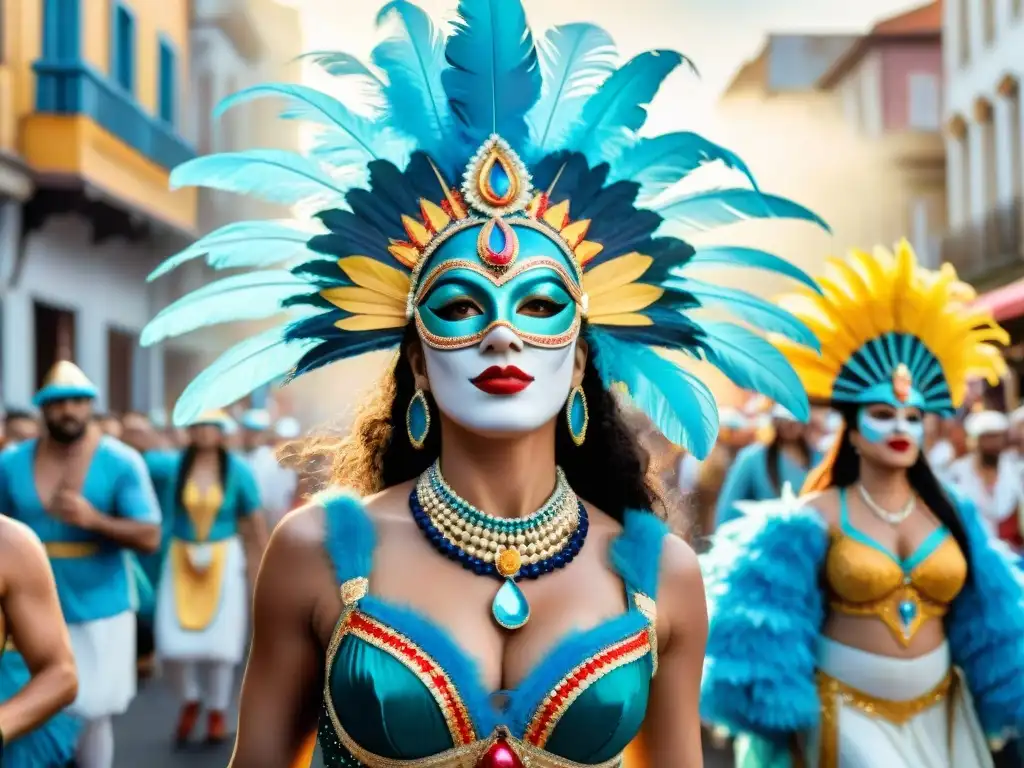 Un vibrante desfile en el Carnaval de Uruguay, con danzas y trajes tradicionales, máscaras y carrozas, mostrando la influencia religiosa