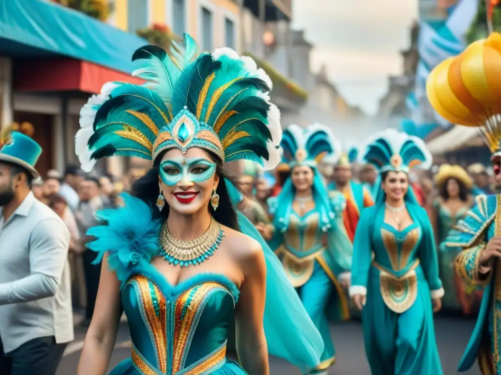 Un vibrante desfile de Carnaval en Uruguay con detallados trajes y coloridos carros alegóricos