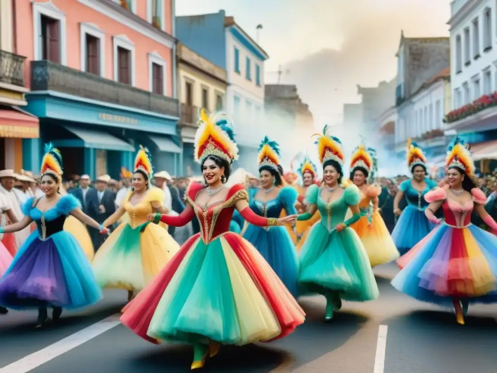 Un vibrante desfile de carnaval en Uruguay, con detallados trajes y coloridas carrozas