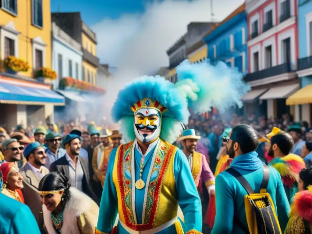 Un vibrante desfile de Carnaval en Uruguay con detallados trajes y carros alegóricos