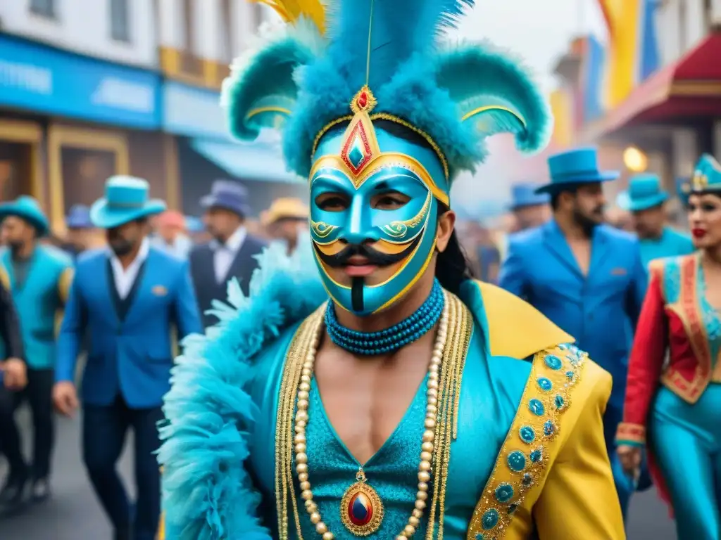 Vibrante desfile de Carnaval en Uruguay, con detalles coloridos y festivos