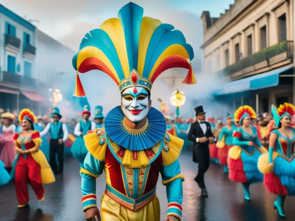 Un vibrante desfile de carnaval en Uruguay con detalles intrincados, coloridos trajes y danzas, capturando la esencia del Carnaval Uruguayo