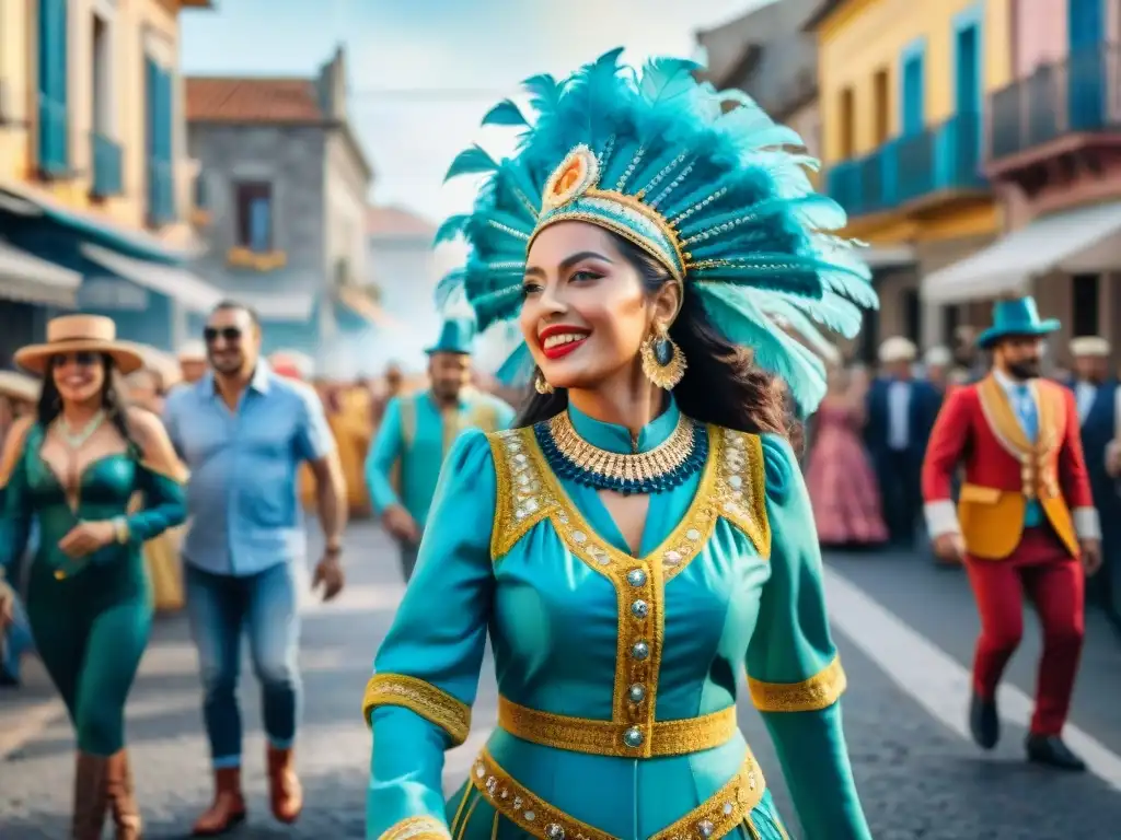 Un vibrante desfile de Carnaval en Uruguay con disfraces coloridos y patrones elaborados, lleno de alegría y música tradicional