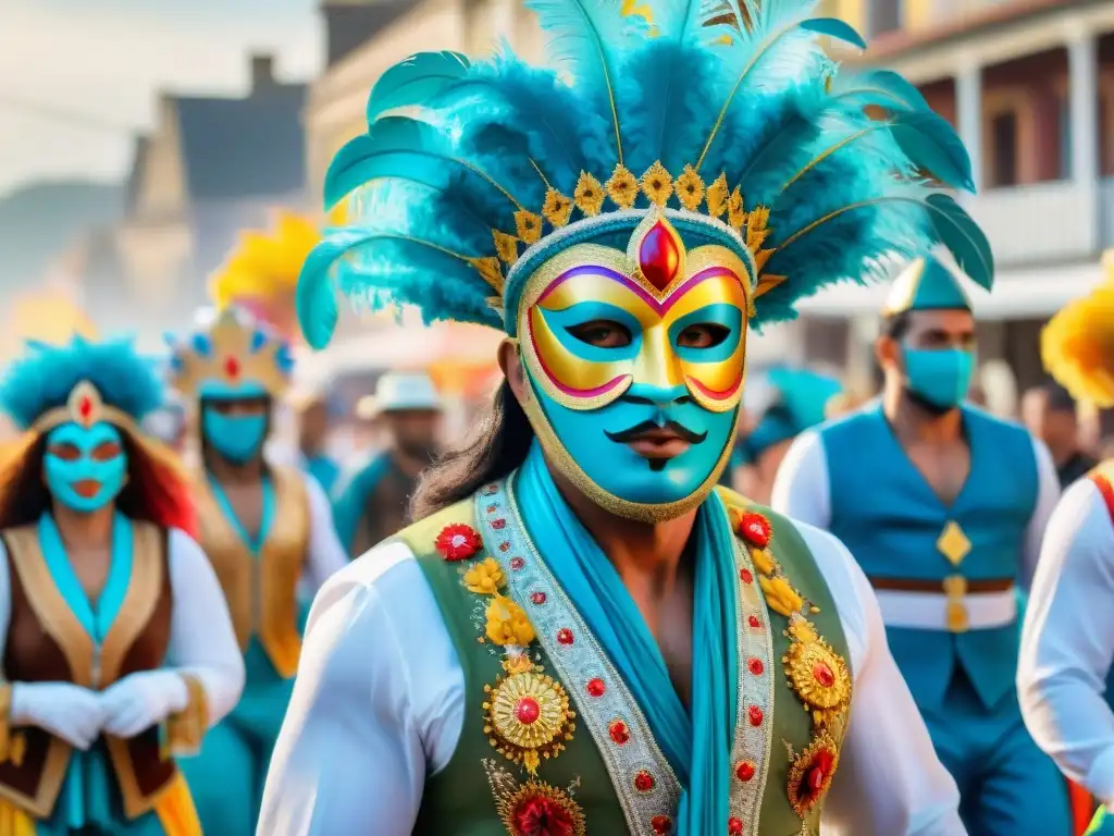 Vibrante desfile de carnaval en Uruguay, con diversidad cultural y coloridos trajes