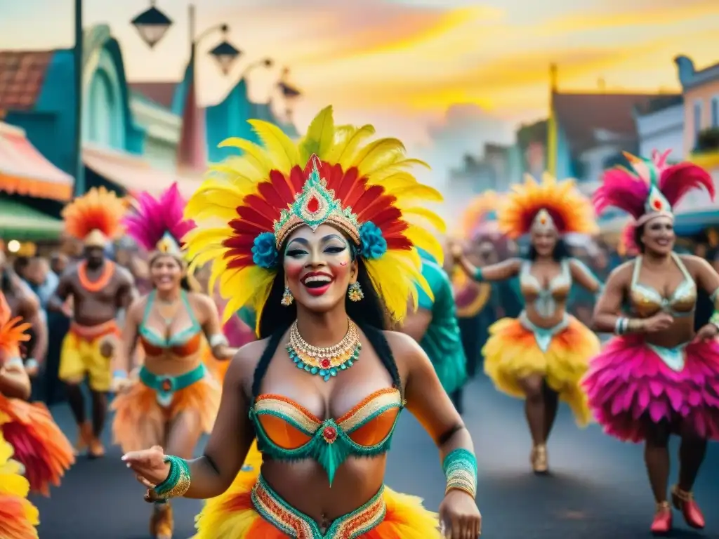 Un vibrante desfile de Carnaval capturando la esencia festiva con carrozas, bailarines y espectadores emocionados bajo un cielo de tonos cálidos