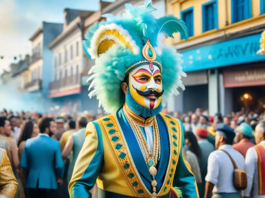 Vibrante desfile de Carnaval en Uruguay, floats detallados y colores brillantes