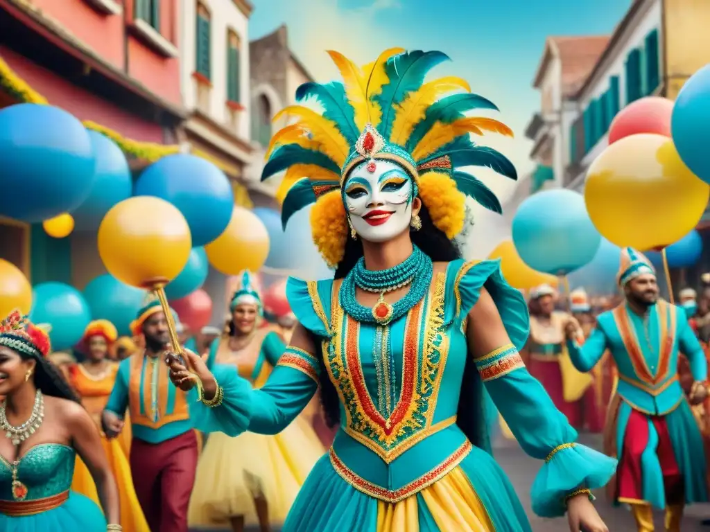 Vibrante desfile de Carnaval con floats coloridos y músicos, reflejando la innovación en publicidad para Carnaval