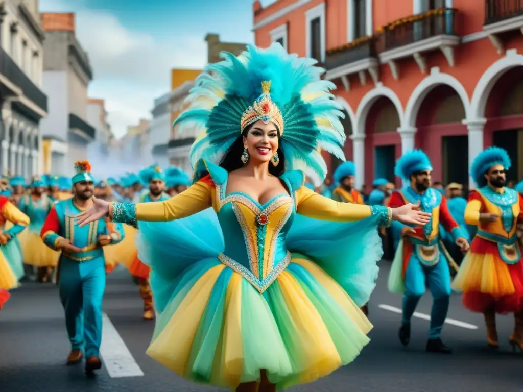 Un vibrante desfile de Carnaval en Uruguay: flotantes coloridos, bailarines y espectadores celebrando