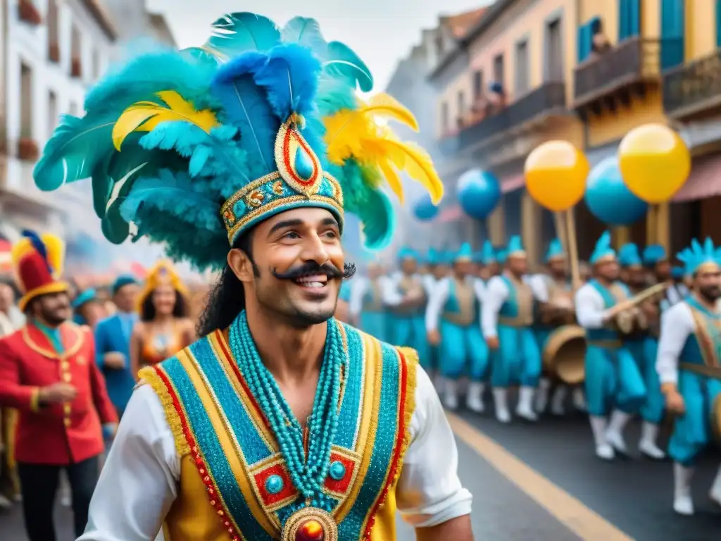 Vibrante desfile de Carnaval en Uruguay con ídolos y música tradicional, colores y alegría en las calles